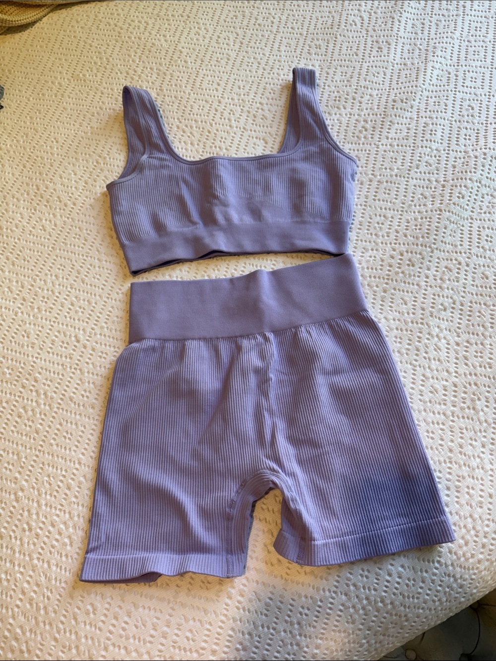 Ribbed Lounge Set - Lilac Crop Top & High-Waist Shorts
